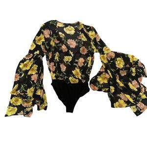 FOREVER 21 Floral Printed Bell-Sleeve Bodysuit Medium Black Yellow Orange
